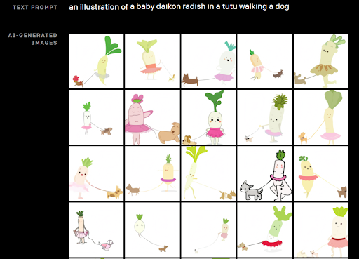 An daikon radish in a tutu walking a dog illustrated by DALL.E